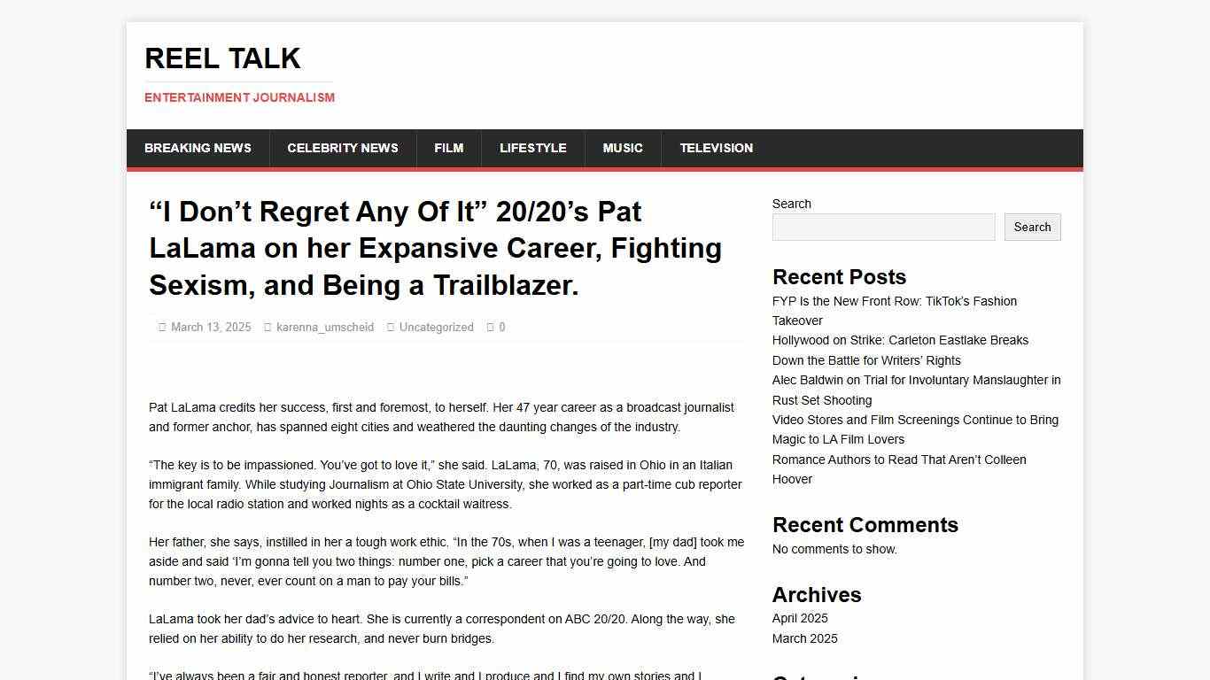 “I Don’t Regret Any Of It” 20/20’s Pat LaLama on her Expansive Career, Fighting Sexism, and Being a Trailblazer.  – Reel Talk